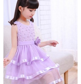 Purple violet fuchsia hot pink white light pink flower girls princess kids children performance modern dance outfits dresses costumes